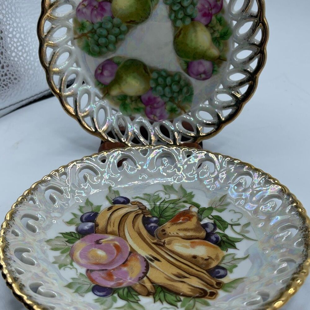 Lot of 2 Royal Sealy fruit ring latticed saucers. Fruit plates dessert plates